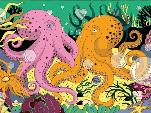 Two colorful octopuses swim among vibrant coral and sea life in a lively underwater scene.