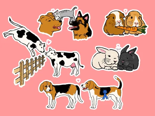 Colorful cartoon animals, including dogs, cows, rabbits, and a fence, on a pink background.