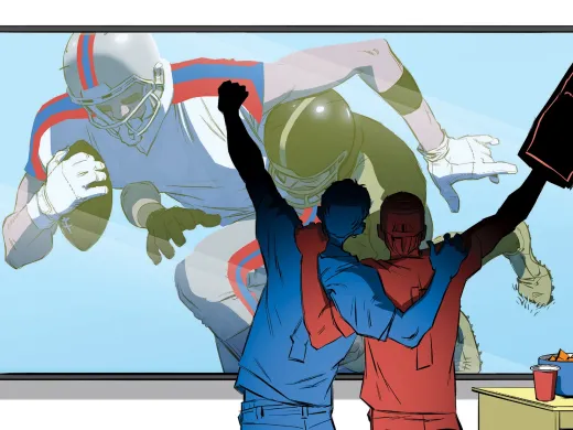 Two fans celebrate in front of a TV showing a football game.