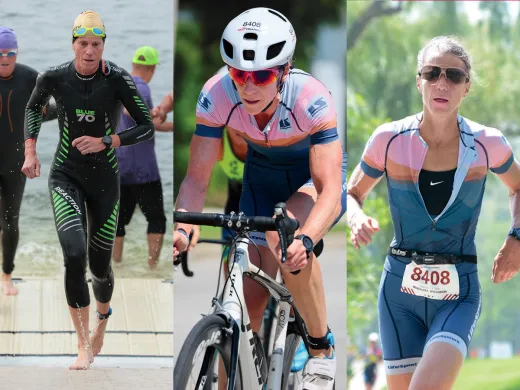 Collage of three photos of an athlete in a triathlon: one swimming, one cycling, one running, in sports attire.