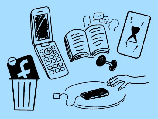 Illustration of a phone, book, hourglass, weights, and a hand reaching for a device on a blue background.