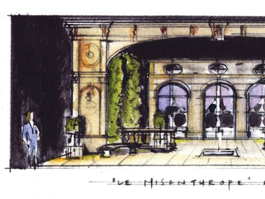 For Molière’s <i>The Misanthrope</i> at Berkshire Theatre Festival in Stockbridge, Massachusetts, Sprague’s sketch (shown) became a model later built as the play’s set. 