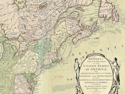 <i>Bowles's new pocket map of the United States of America: the British possessions of Canada, Nova Scotia, and Newfoundland, with the French and Spanish territories of Louisiana and Florida, as settled by the preliminary articles of peace signed at Versailles the 20th. Jany. 1783,</i> published by Carington Bowles (London, 1784)