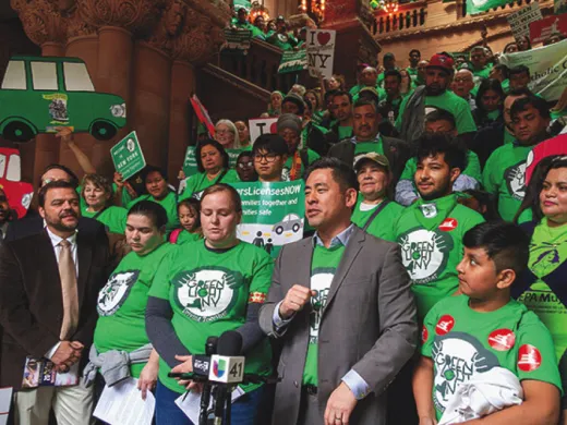 Photograph of Steven Choi urging passage of driver’s license bill