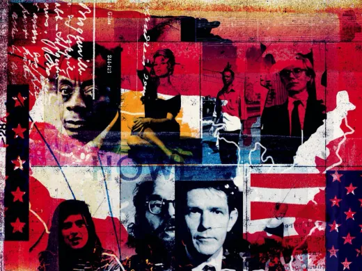 A collage of emblematic figures in American history set against the Stars and Stripes