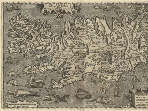 A detailed 1598 map of Iceland, with monstrous sea creatures in the surrounding waters and polar bears on ice flows.