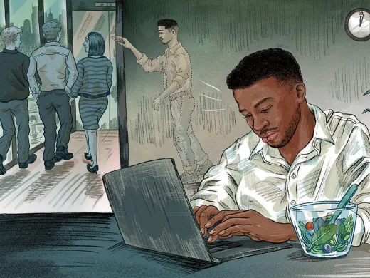 illustration of a black employee working and eating at his desk while colleagues go out to lunch