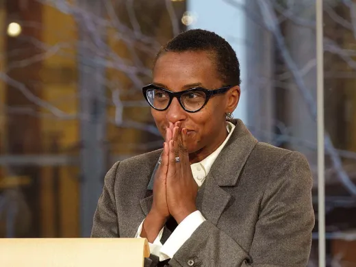 Claudine Gay, president-elect, reacts to crowd ovation December 15, 2022, as her appointment is announced.