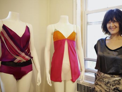 Laura Mehlinger with a Colorfield romper, in silk with mesh streamers (left), and a silk-and-mesh veil chemise