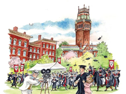 Illustration of 2022 Commencement with movie camera for first time