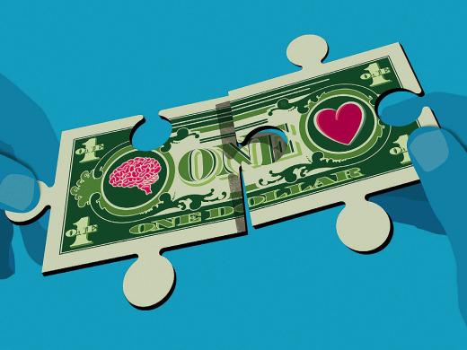 Illustration of a dollar bill with a head on one side and a heart on the other, exchanging hands