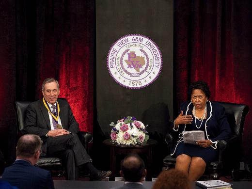 President Bacow speaking with Ruth Simmons at Prairie View A&M University