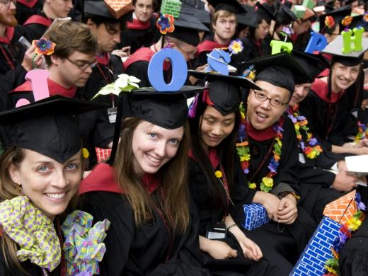 Giving a spell-out for <a href="http://harvardmagazine.com/commencement/2009-speeches">Graduate English orator Joseph Claghorn</a> were fellow landscape-architecture students Vanessa Lindley Palmer (J; the ringleader), Katie Jean Powell (O), Sisi Sun (S), Joonhyun Kim (E), Simon Mark Bussiere (P), and Adrienne Re Heflich (H). Design School students still play with blocks. 