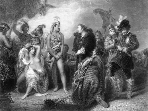 An imagined scene of a meeting between a Spanish expeditionary party and a group of indigenous South Americans. 