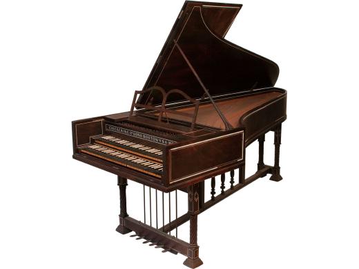 Harvard’s 1906 Dolmetsch harpsichord has two keyboards, or “manuals.”