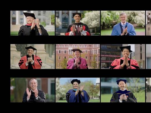 Screen shot of Harvard President Bacow and deans applauding graduates.