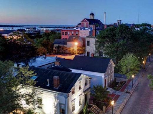 Aerial view of historic downtown New Bedford buildings