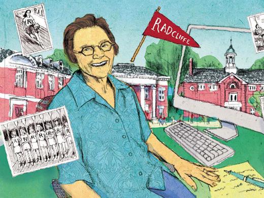 Illustration of Radcliffe alumna Alice Abarbanel amid scenes from Radcliffe College