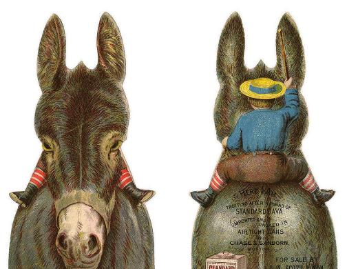 The front and back of a die-cut trade card shaped like a donkey that was used to advertise coffee. When the card is flipped over, the viewer can see that there is a boy riding on the donkey's back.