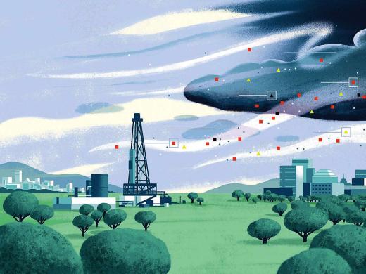 Illustration of a city downwind from a fracking well