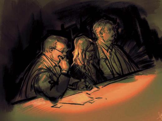 A live sketch from Lori Vallow Daybell’s murder trial. Daybell is in the middle between two men, all looking somber.