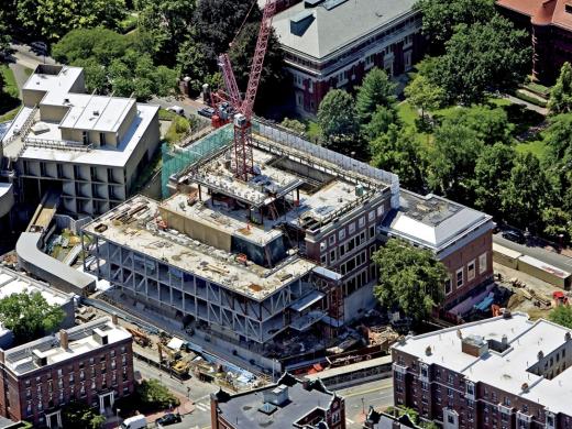 This view of the Fogg Art Museum, taken in mid summer, shows the new structure being inserted in the original Quincy Street façade.