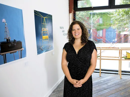 At her gallery, Emma Katz promotes sophisticated original work by young artists such as sculptor/photographer David Rodriguez, represented here (left to right) by <i>A Love Song Played at a Very Specified Frequency, Holding Device,</i> and <i>The Thing About Distance.</i> 