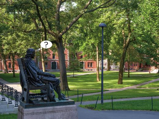 Photograph of John Harvard statue, Harvard Yard, with cartoon balloon question mark, about uncertainties surrounding the fall semester