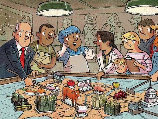 A cartoon illustration showing a situation room with businessmen, farmers, and other food system constituents moving the parts of the food system around on a game board.