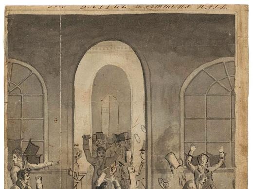 A drawing of students rebelling in a dining hall.