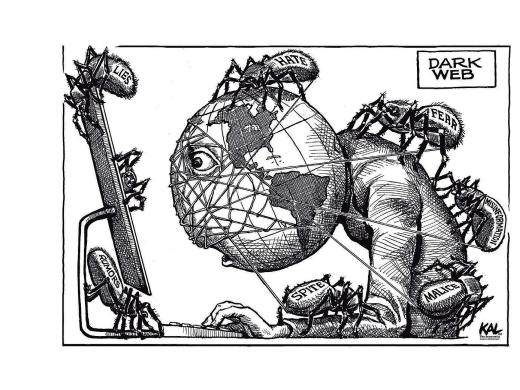 A black and white cartoon shows a computer-user, with Earth’s globe for a head, stares into a screen, while spiders labeled “hate,” “misinformation,” “fear,” and “lies” crawl across his body, wrapping him in their webs.