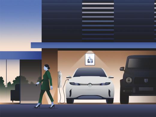 Illustration of a two-car garage, with an electric vehicle on the left and an SUV on the right