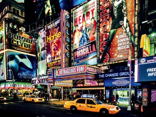 In vibrant Times Square, Broadway plays and musicals compete to become the next megahit.