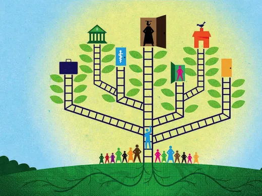 An abstract illustration of a branching tree shows the varying outcomes of government spending on programs that benefit children