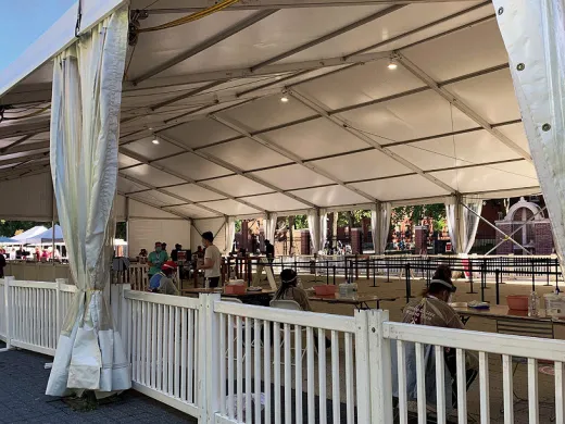 Photograph of Harvard Science Center tent where arriving first-year College students began virus-testing procedures