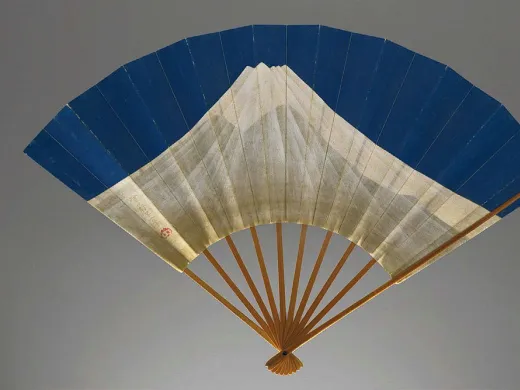 Photograph of Edo era fan depicting Mount Fuji and Mount Tsukuba on alternate sides