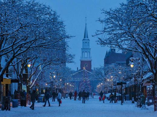 wintry scene of downtown Vermont's pedestrian shopping zone