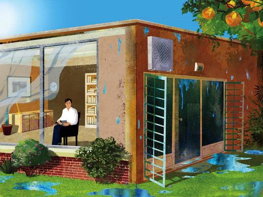 House with man inside, cooled by an air conditioner