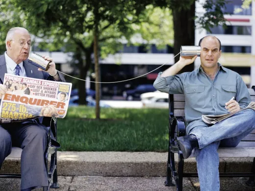Carl Kassel (left), announcer for National Public Radio’s weekly <em>Wait, Wait...Don’t Tell Me!</em> clowns with its host, Peter Sagal.