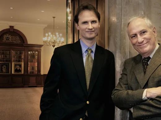 Outside the Caspersen Room at the Harvard Law School Library: Ess Librarian and professor of law John G. Palfrey VII with University Library director and Pforzheimer University Professor Robert Darnton.