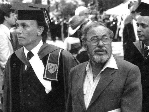 Robert Kiely escorts Tennessee Williams at Commencement in 1982.
