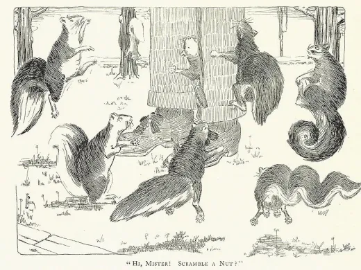Illustration by Laurence Freeman Peck ’04, “Hi, Mister! Scramble a Nut?” <i>Harvard Lampoon,</i> December 17, 1903/Harvard University Archives