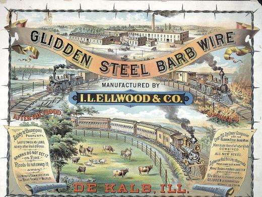 The I.L. Ellwood Company used gleaming locomotives to highlight the advantages of its "barb wire" fencing.