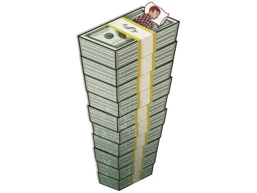 Illustratio of a man sleeping on a mattress made of stacks of dollars.