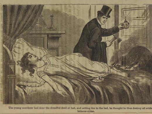 Newspaper illustration depicts Richard P. Robinson fleeing Helen Jewett's murder scene