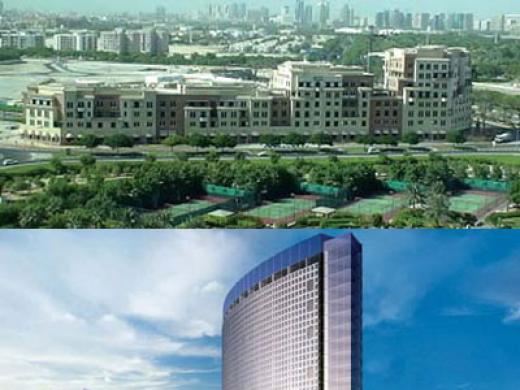 The Ibn Sina building in Dubai Healthcare City houses clinic space and medical and administrative offices (top). An artist&rsquo;s rendering of the university hospital (below) that will be part of the same complex; Harvard Medical International (HMI) advised in designing the 400-bed facility, projected to be completed in 2011.
