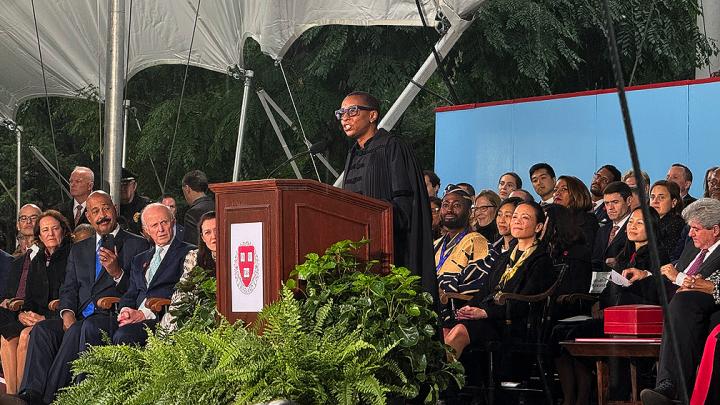 Claudine Gay at the podium addresses audience