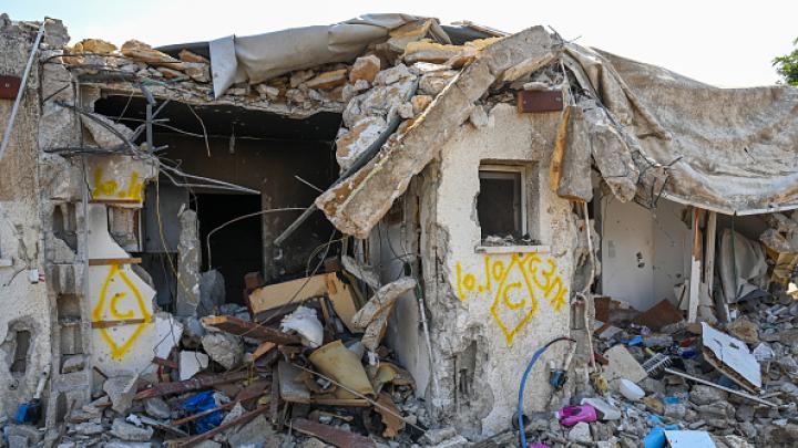 Building, in Israel, in ruins after attack by Hamas 
