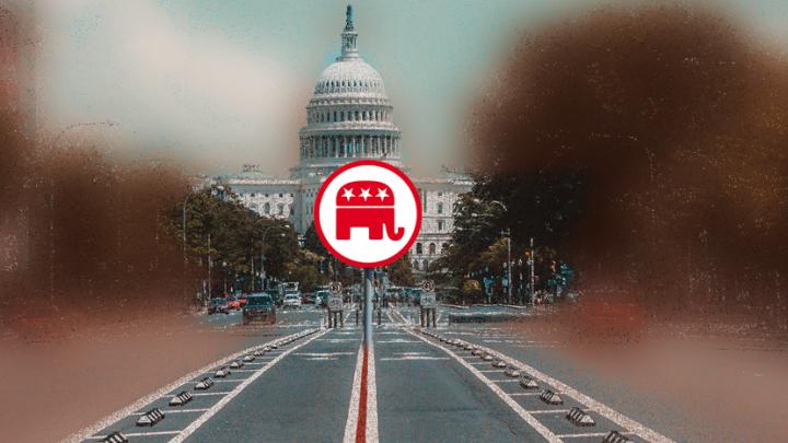Montage depicting a road leading to the capitol with a street sign with the republican party symbol