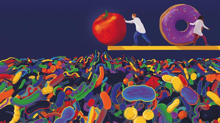 Illustration of an apple being pushed from a platform into a sea of colorful microbes